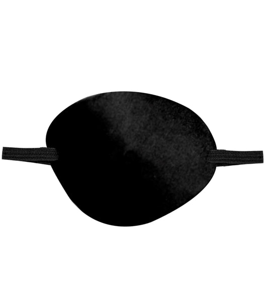 Black satin eye patch with elastic strap for adults and teens.