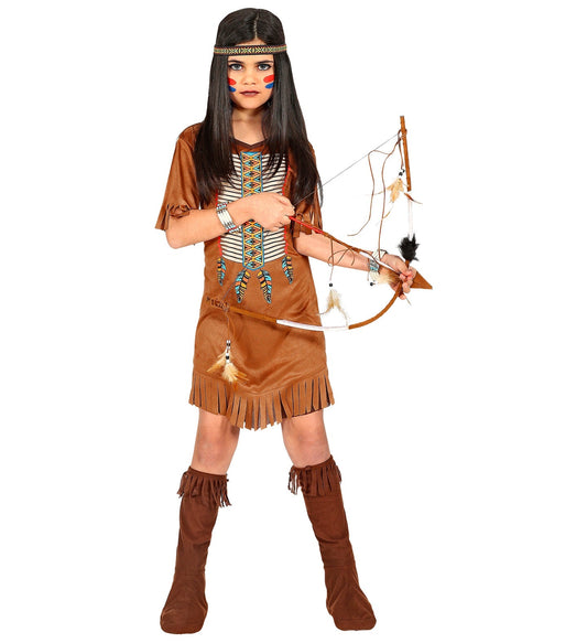 Mädchenkostüm mit buntem Druck, Kopfband und elastischem Bund in Braun und Beige.