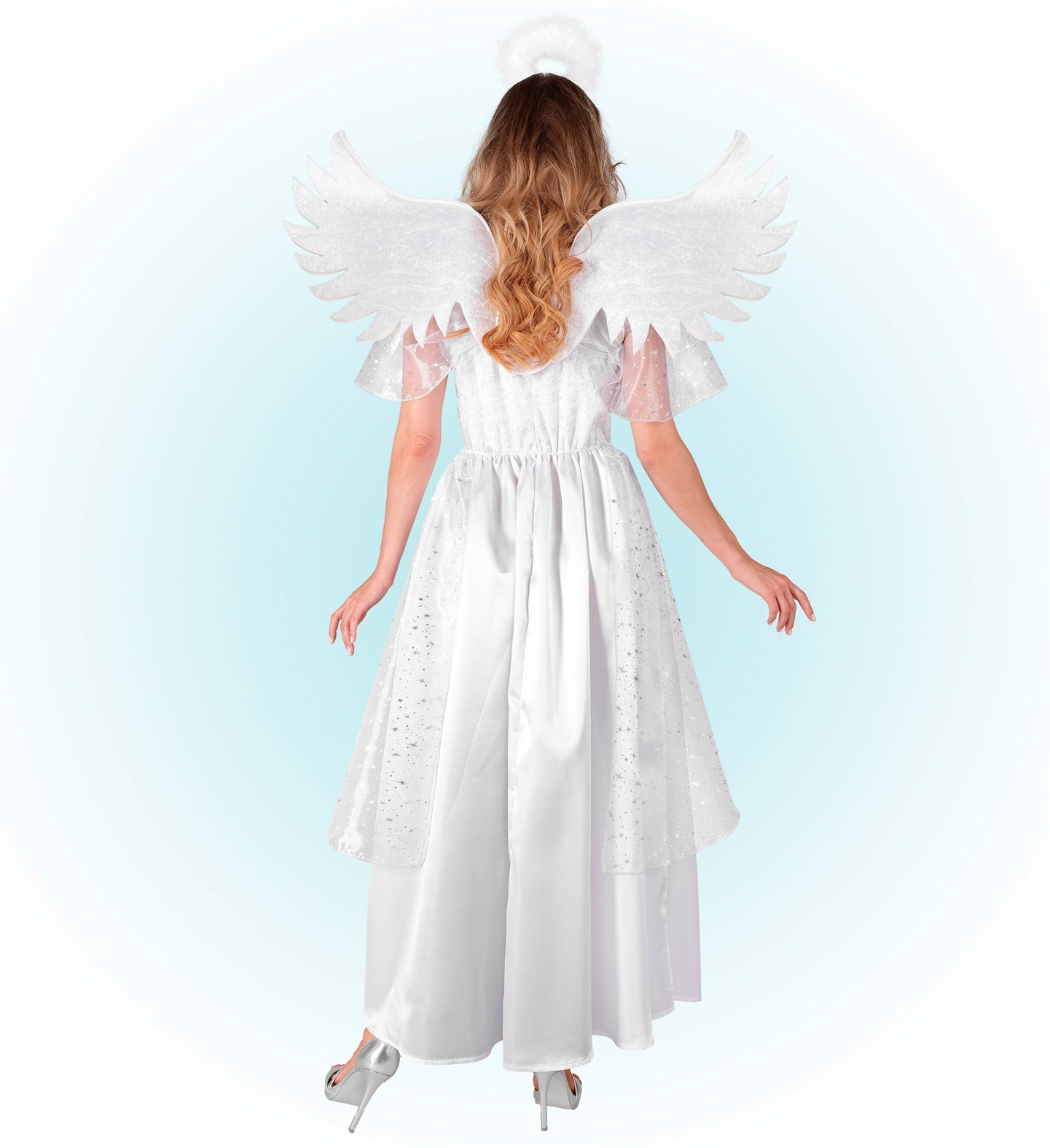 Weißes Engel Kostüm für Damen mit schimmerndem Stoff und verstellbarem Halo-Haarreif.