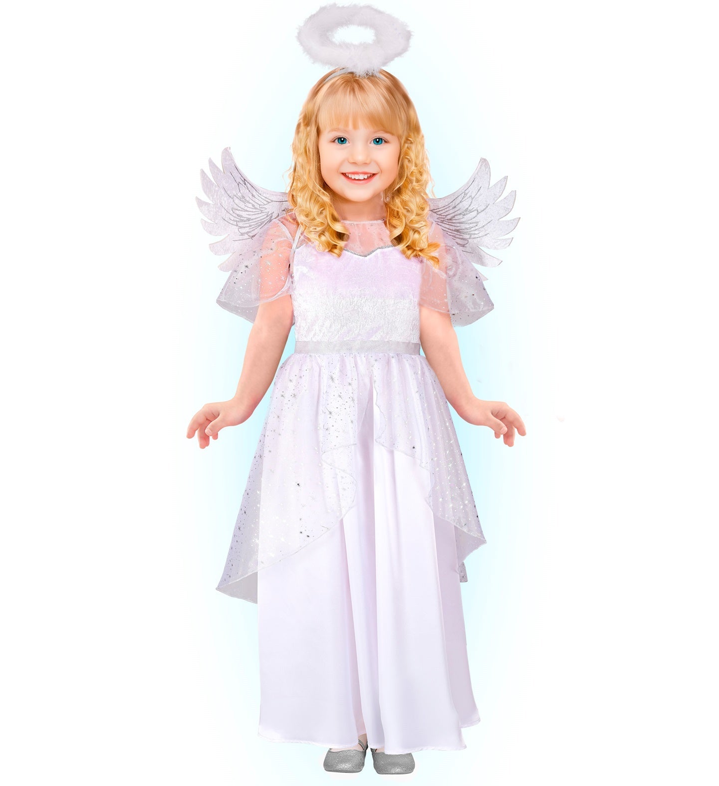 Engelkostüm für Mädchen mit weißem Kleid, Flügeln und Heiligenschein in Silber.