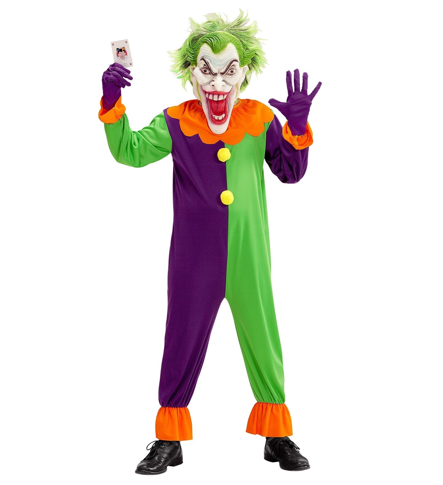 Kinderkostüm als gruseliger Joker-Clown in Overall mit Maske und grünem Haar.