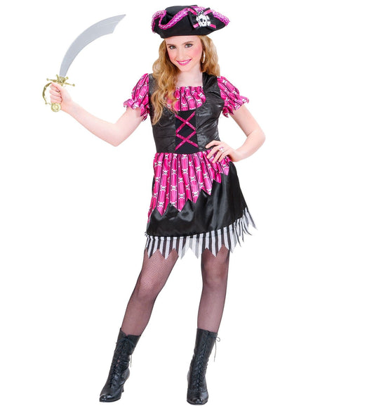 Young girl in black and pink pirate dress, tricorn hat, and sword.