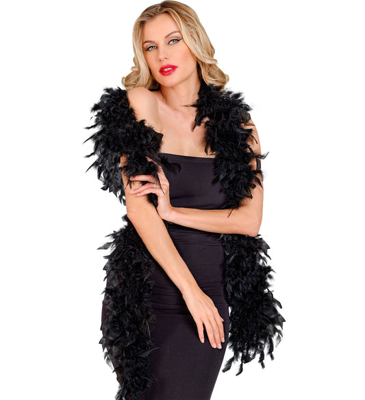 Schwarze Federboa aus Marabou, 180 cm lang, leicht und elegant für vielseitige Outfits.