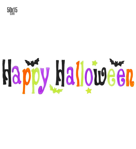 Selbstklebendes Fensterbild mit orangefarbenem "Happy Halloween"-Schriftzug auf transparentem Hintergrund.