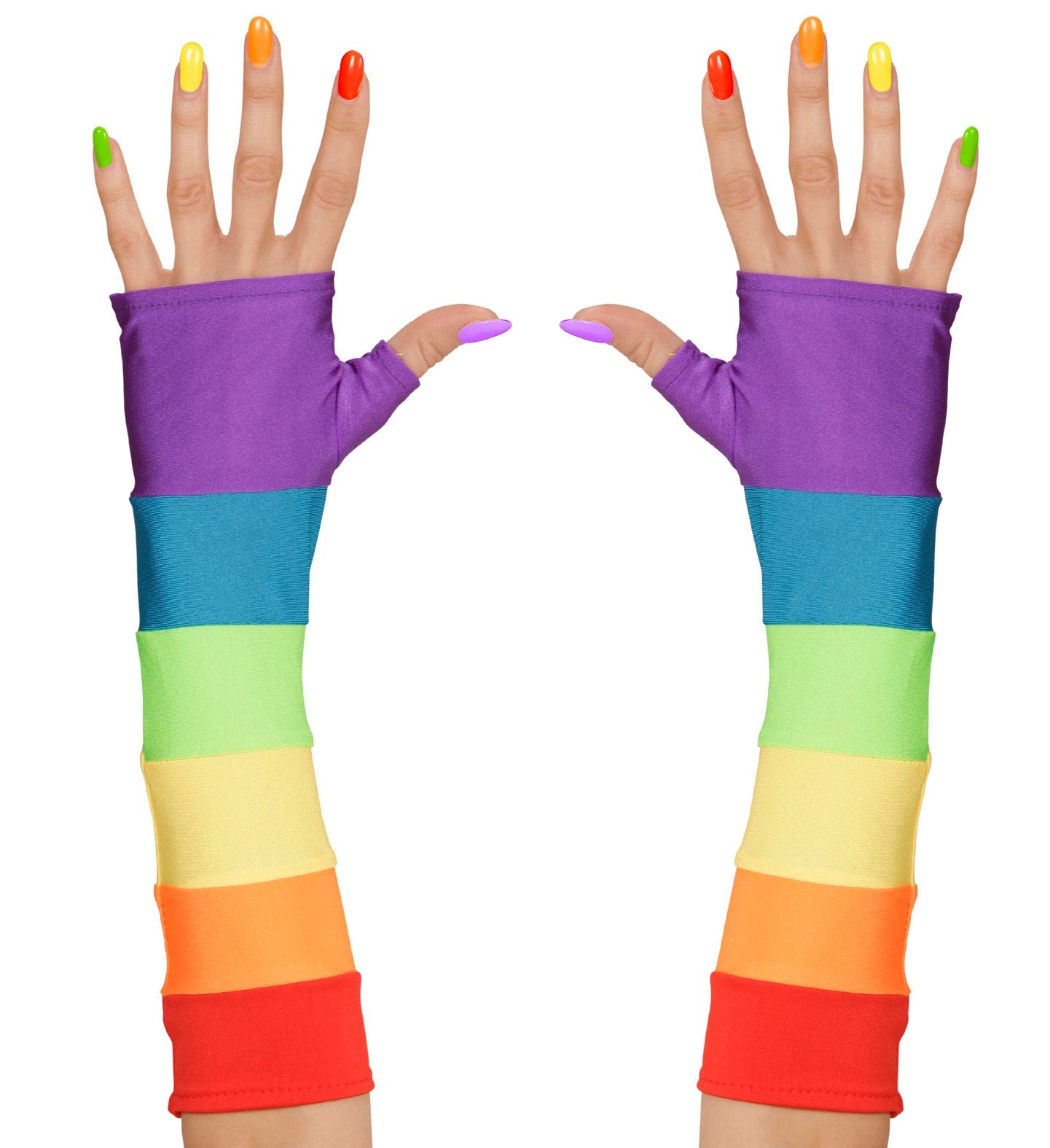 Fingerless neon rainbow satin elbow-length gloves on hands with colorful nails.
