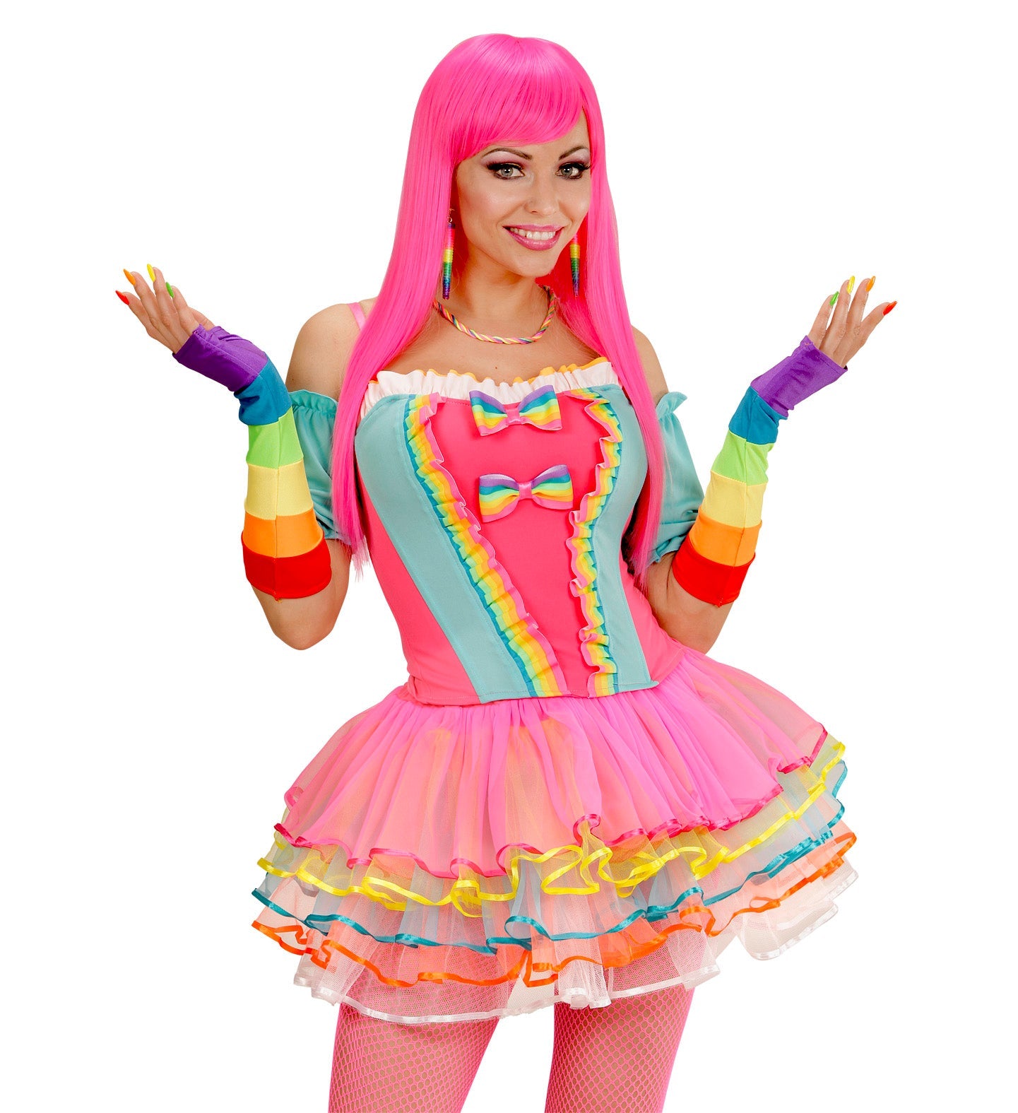 Neon rainbow fingerless satin gloves, 33cm elbow length, in vibrant colors.