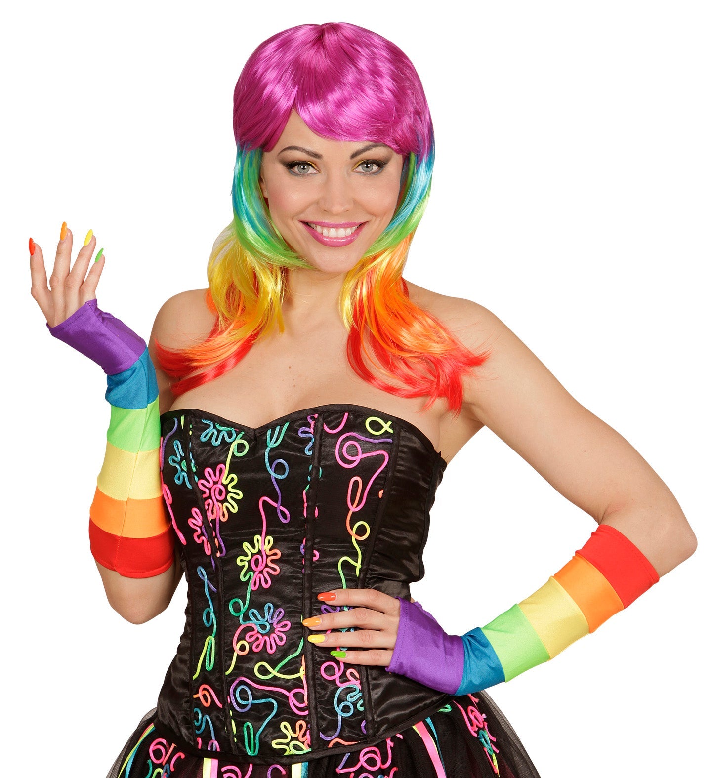 Neon rainbow fingerless satin gloves, 33cm elbow length, in vibrant colors.