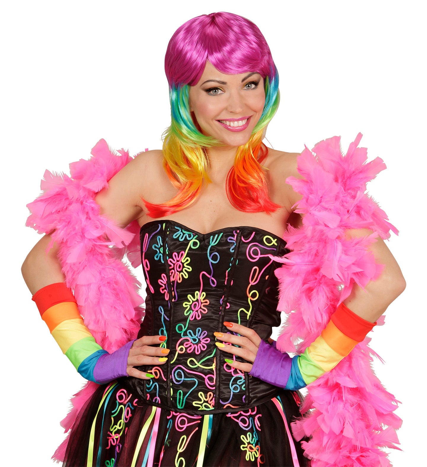 Neon rainbow fingerless satin gloves, 33cm elbow length.