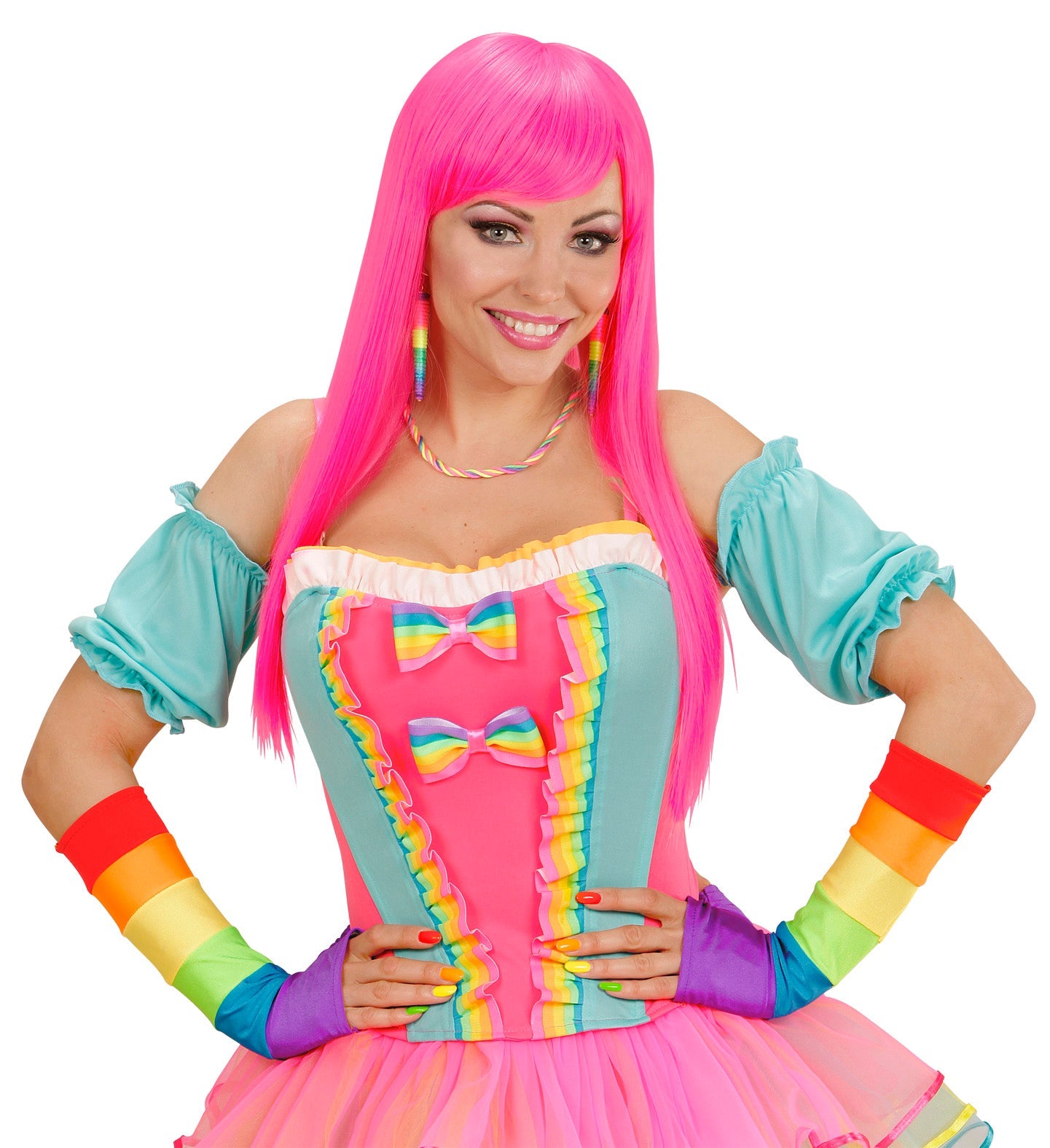 Neon rainbow fingerless satin gloves, 33cm elbow length, in vibrant colors.