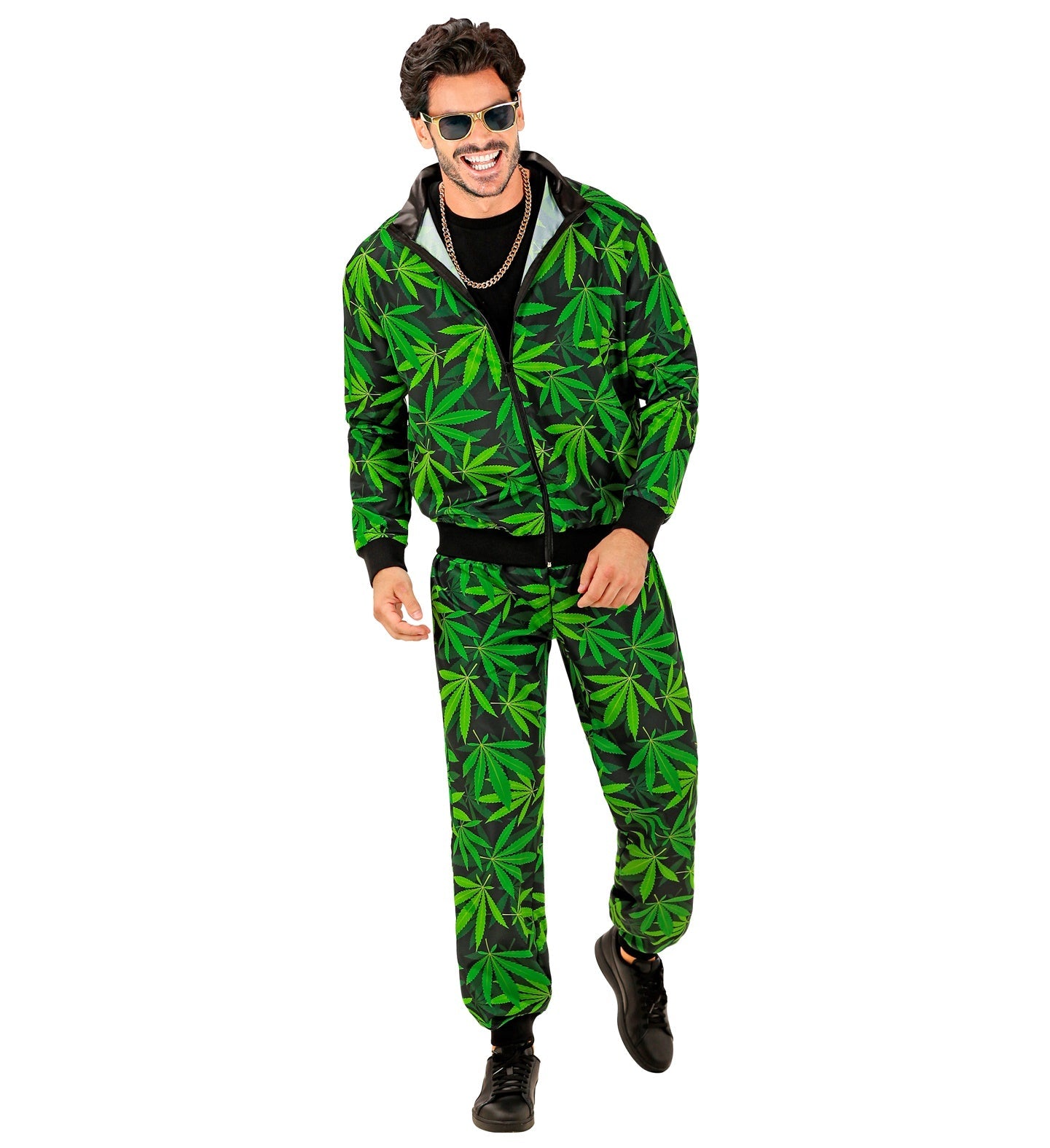 Man in green cannabis leaf print unisex French terry jogger set with hoodie and pants.