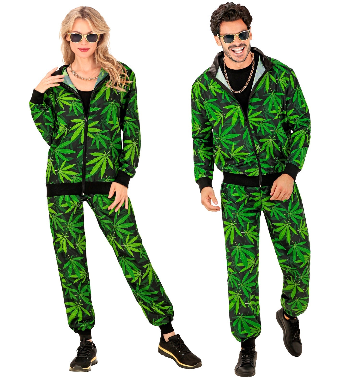 Unisex green cannabis leaf print French terry jogger set on a smiling couple.