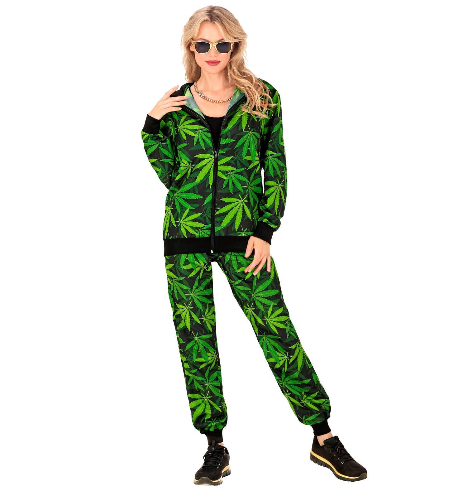 Unisex jogger set with green cannabis leaf print on black French terry fabric.
