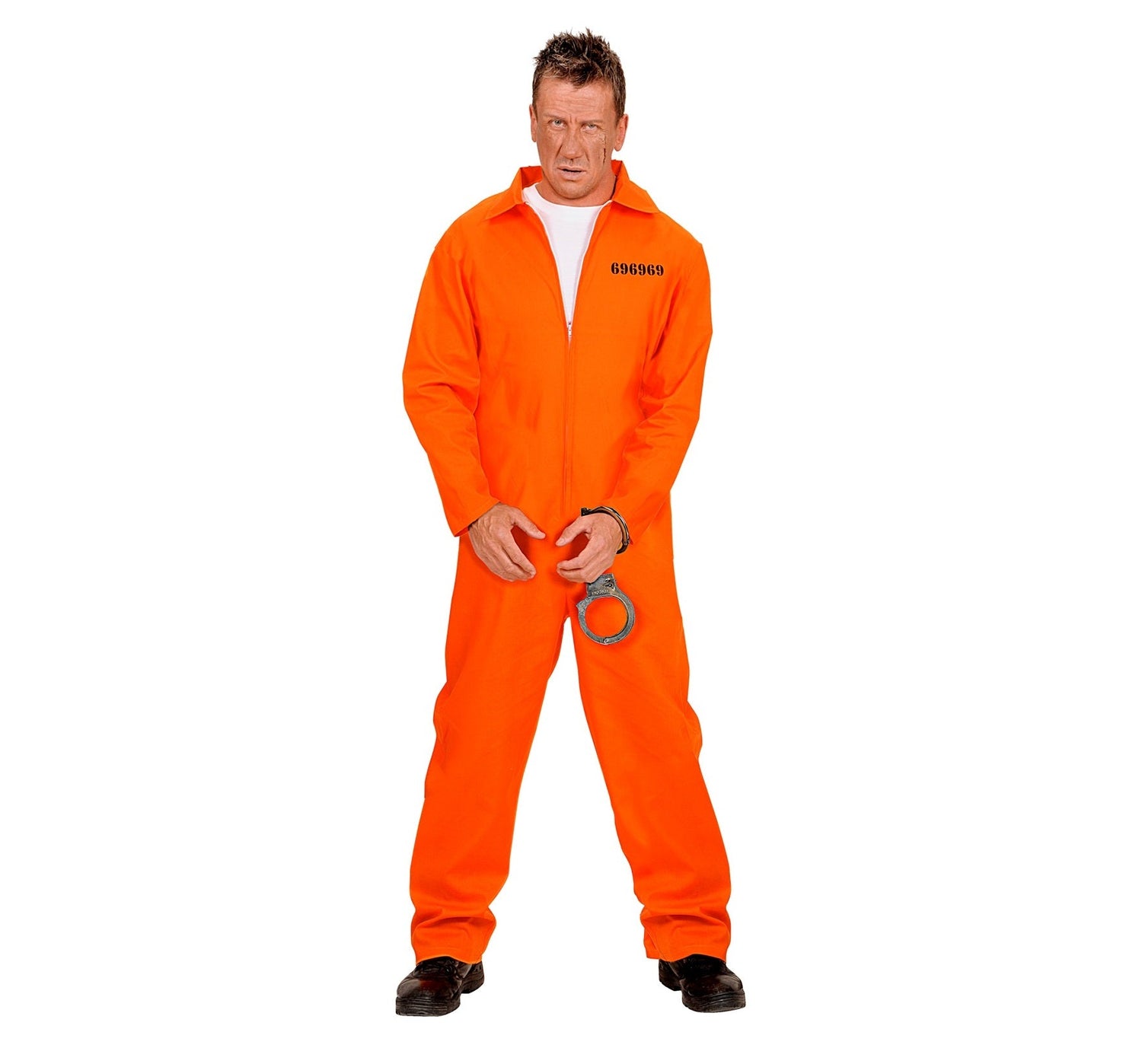 Widmann Sträfling Herrenkostüm – Orange-Schwarz Jumpsuit mit Handschellen - Fasnacht24.ch