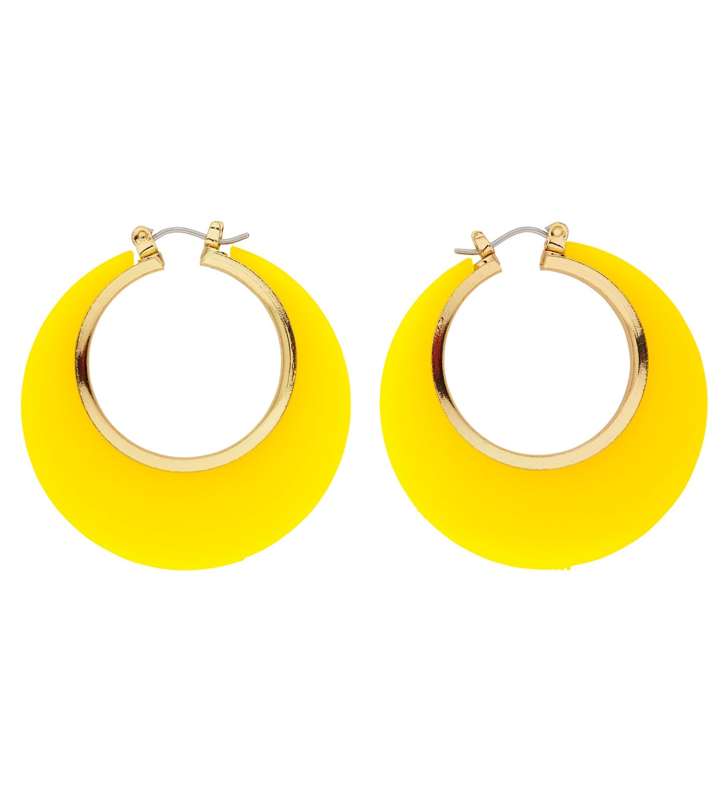 Pair of lightweight yellow and gold drop hoop earrings.