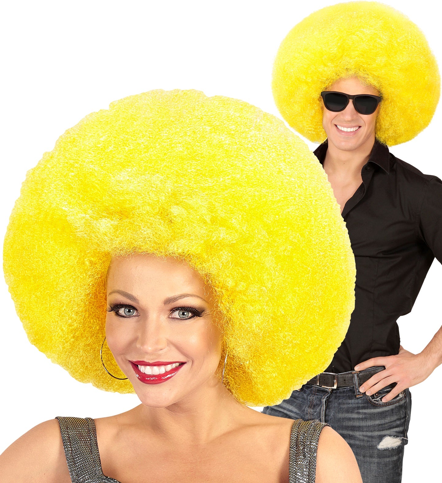 Gelbe Afro-Perücke mit voluminösem, lockigem Kunsthaar und elastischer Netzhaube