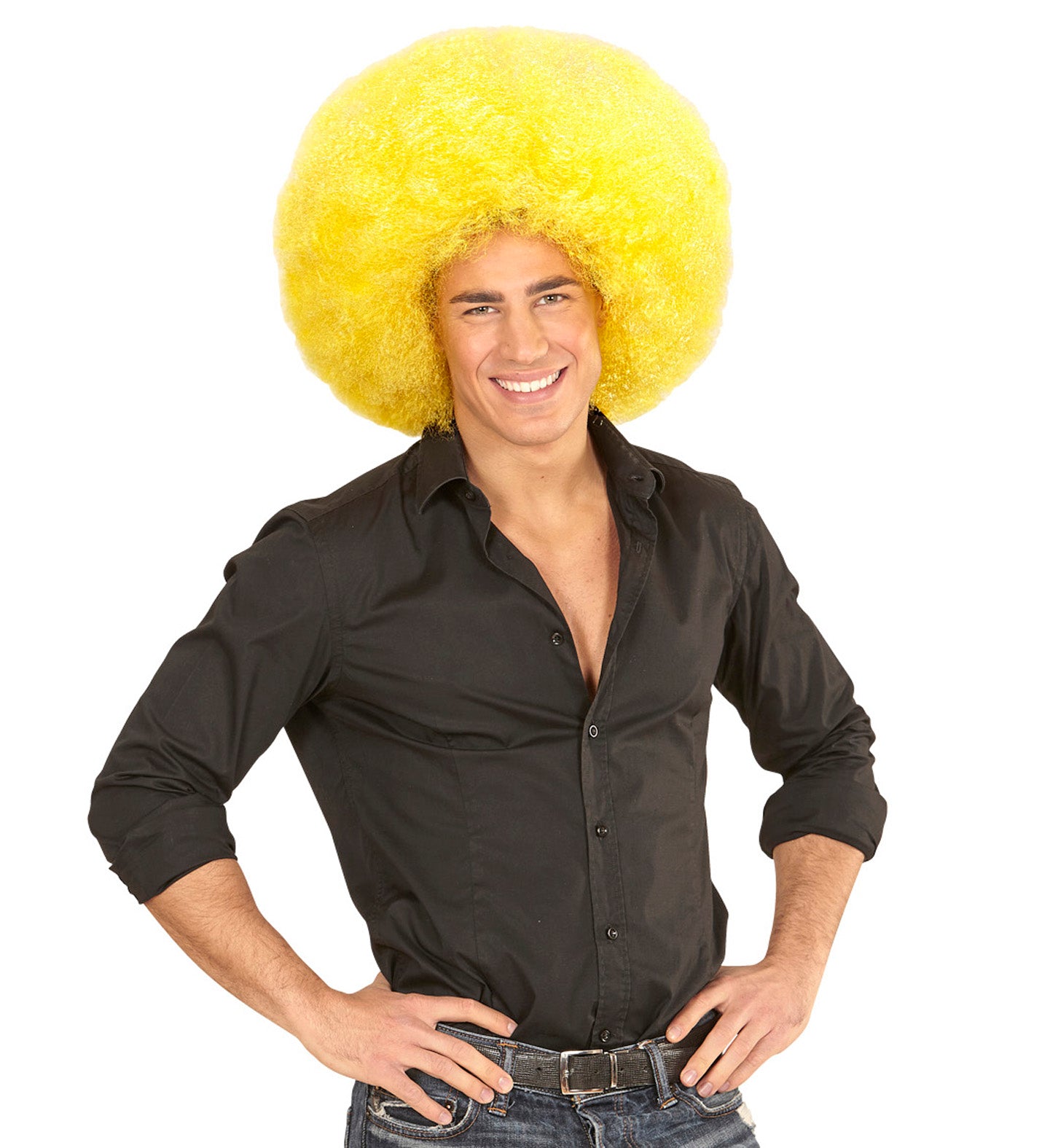 Gelbe Afro-Perücke mit vollem Volumen aus synthetischem Haar für Kostüme und Partys.