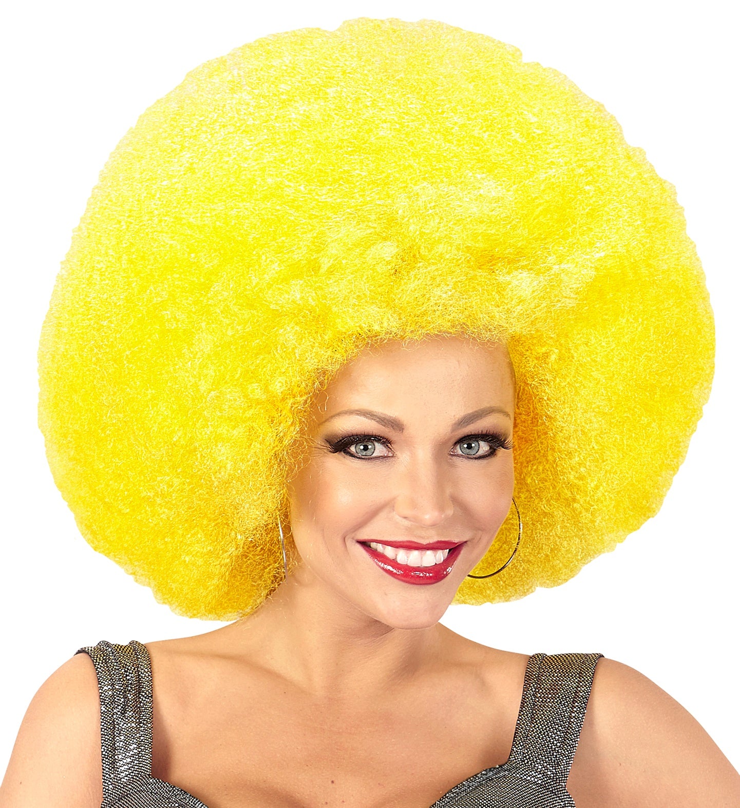 Gelbe, voluminöse Afro-Perücke aus synthetischen Fasern für Clowns und Partys.