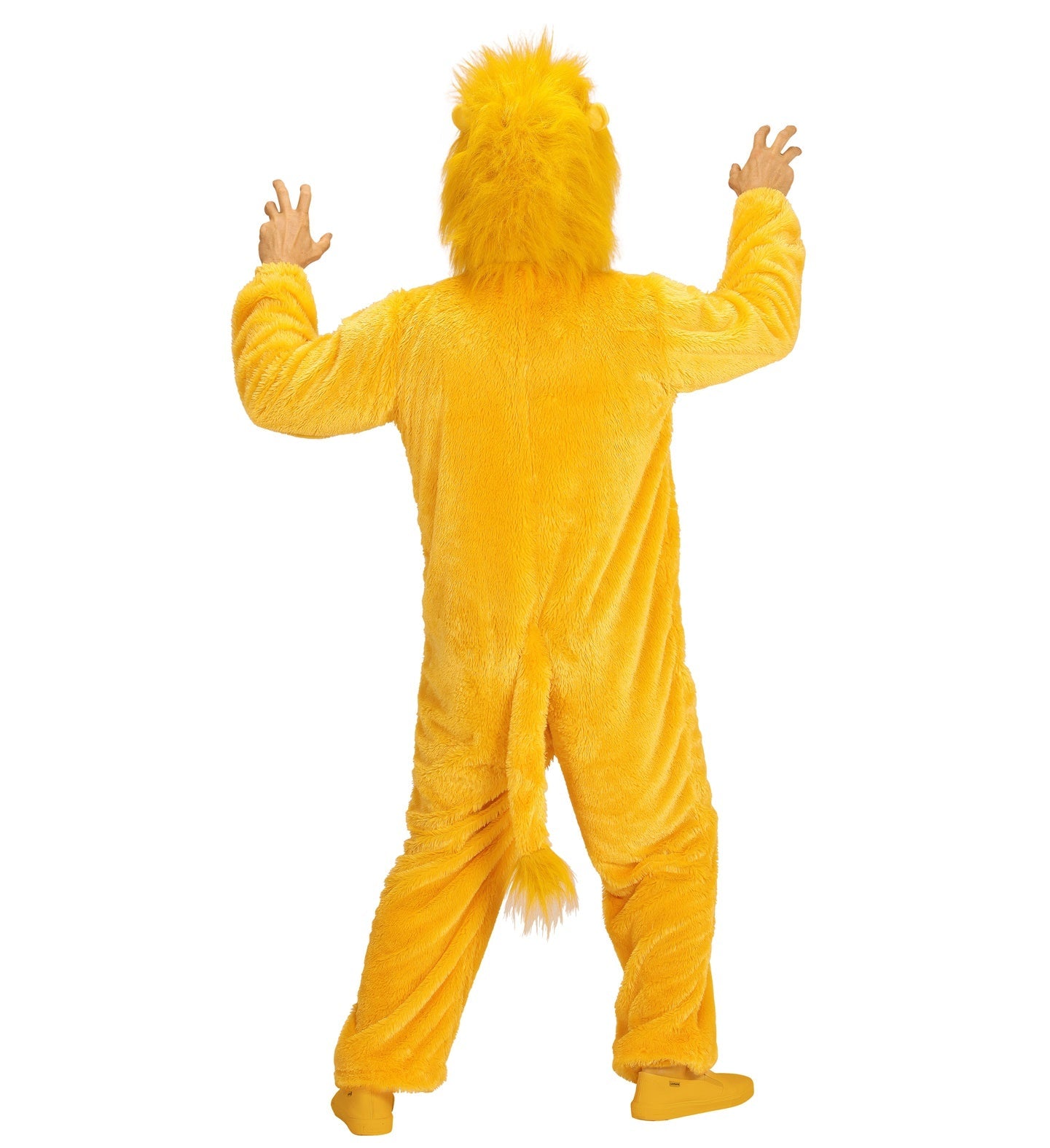Gelbes Plüschkostüm eines Löwen für Erwachsene mit Kapuze und fließender Mähne.
