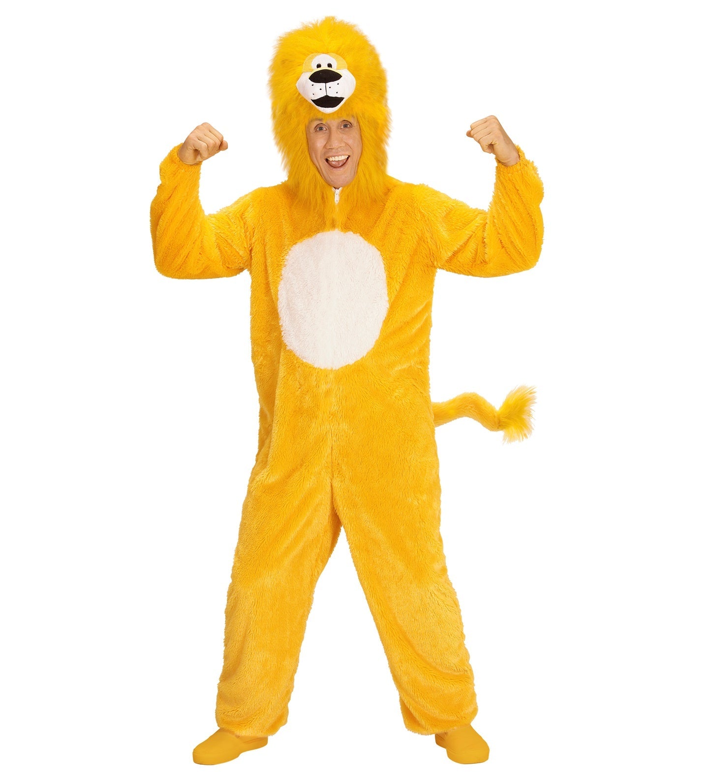 Gelbes Plüschkostüm eines Löwen für Erwachsene mit Kapuze und fließender Mähne.