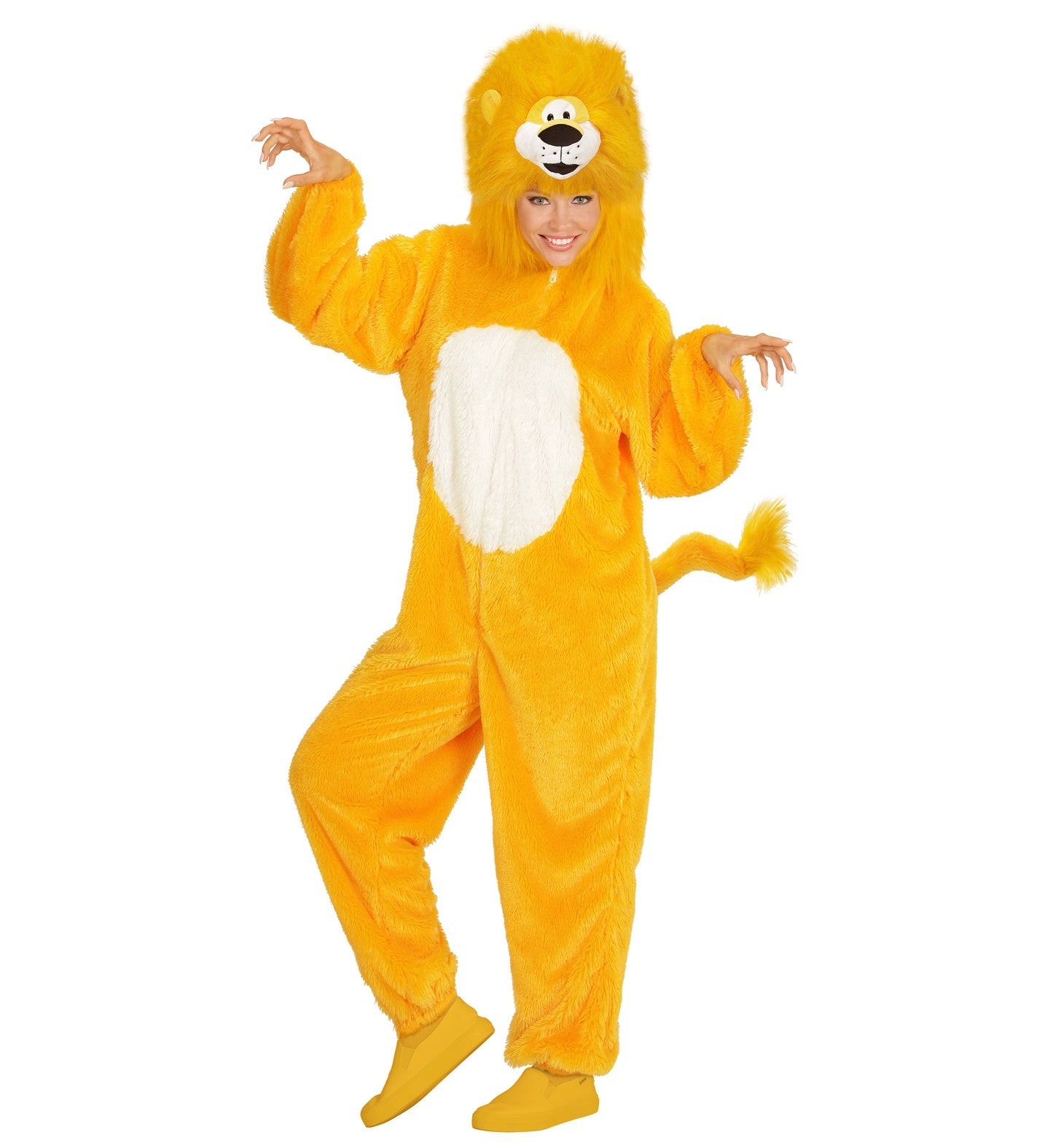 Gelbes Plüschkostüm als Löwe mit Kapuze und Mähne für Erwachsene, unisex und bequem.