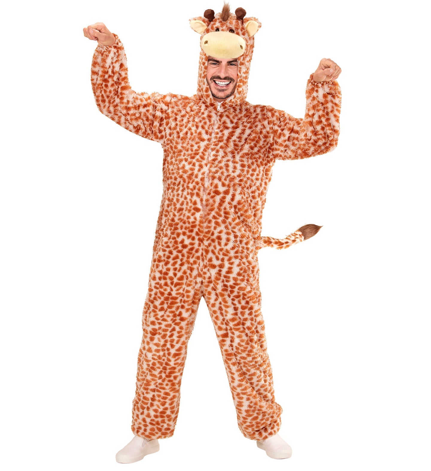 Plüsch Giraffen-Kostüm für Erwachsene mit Kapuze und Rippstrickabschlüssen in Braun und Gelb.