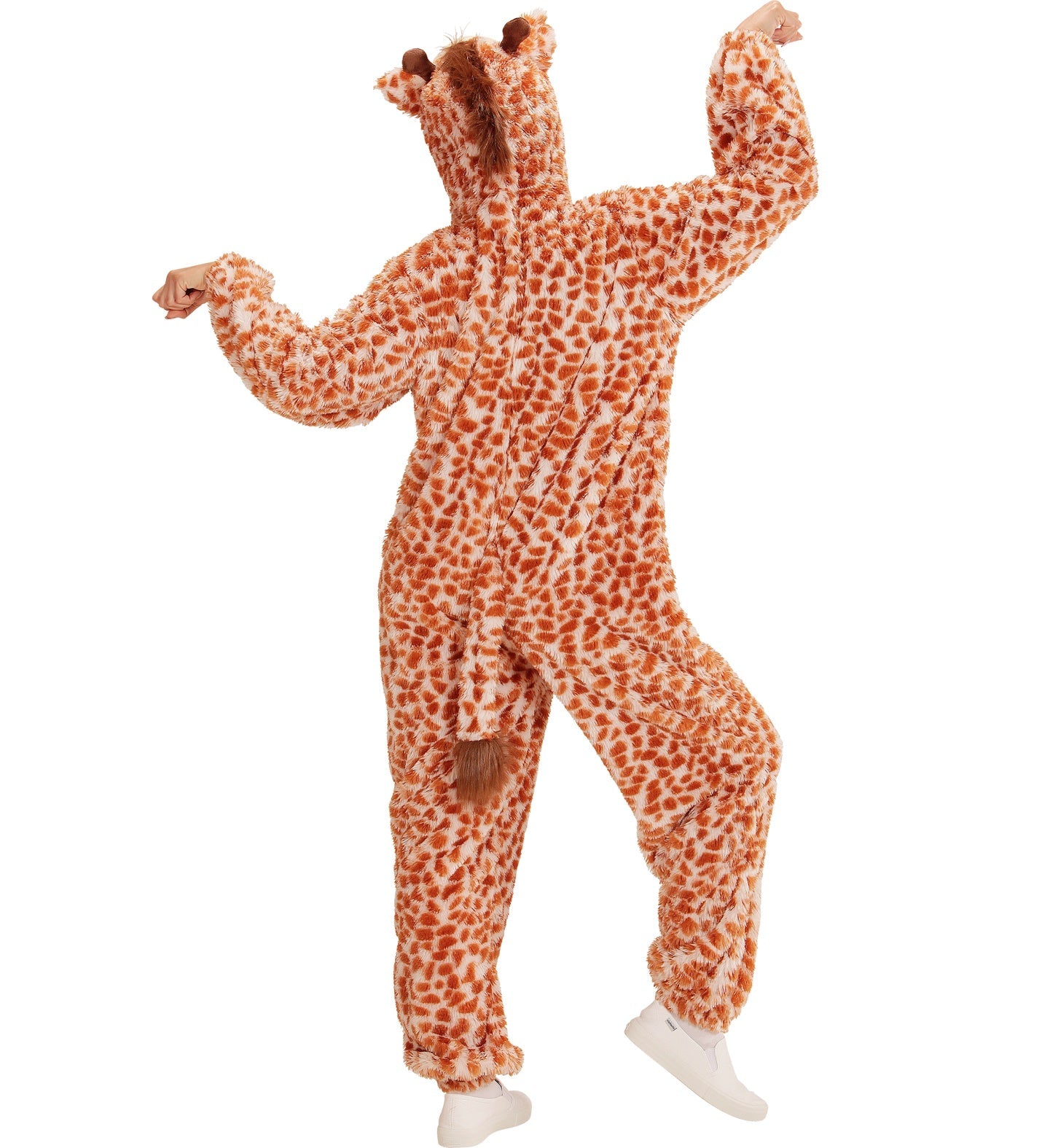 Erwachsenen-Giraffen-Kostüm aus braun-beigem Plüsch mit Kapuze und Knopfaugen.