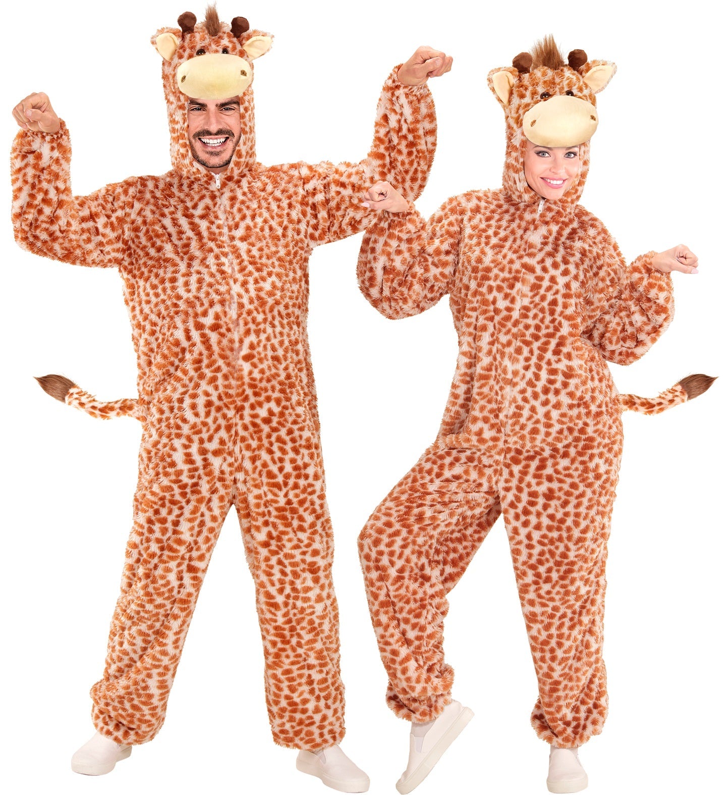 Plüsch Giraffen-Kostüm in Braun mit Kapuze und Rippstrickabschlüssen für Erwachsene.