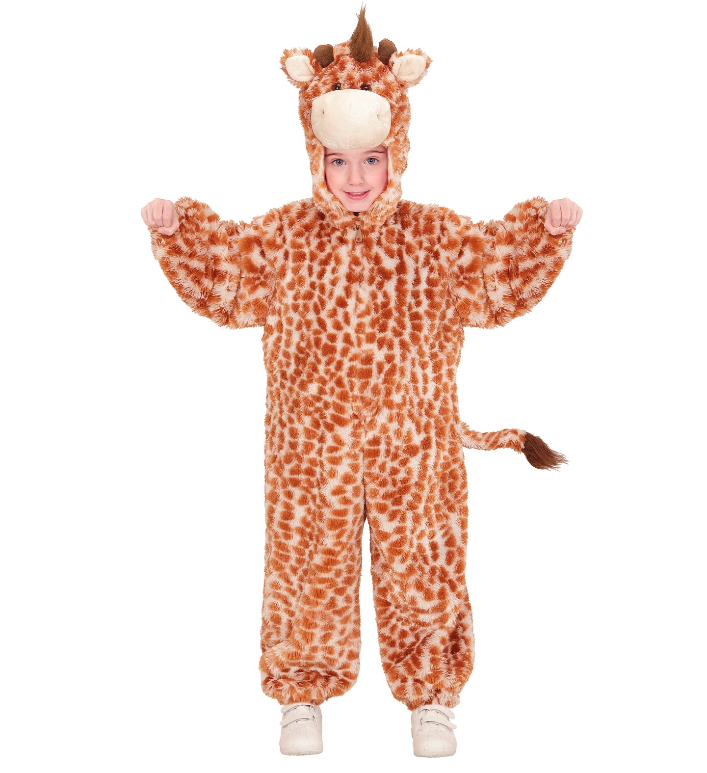 Kuscheliges Giraffen-Kinderkostüm aus Plüsch mit Kapuze und Schwanz-Applikation.