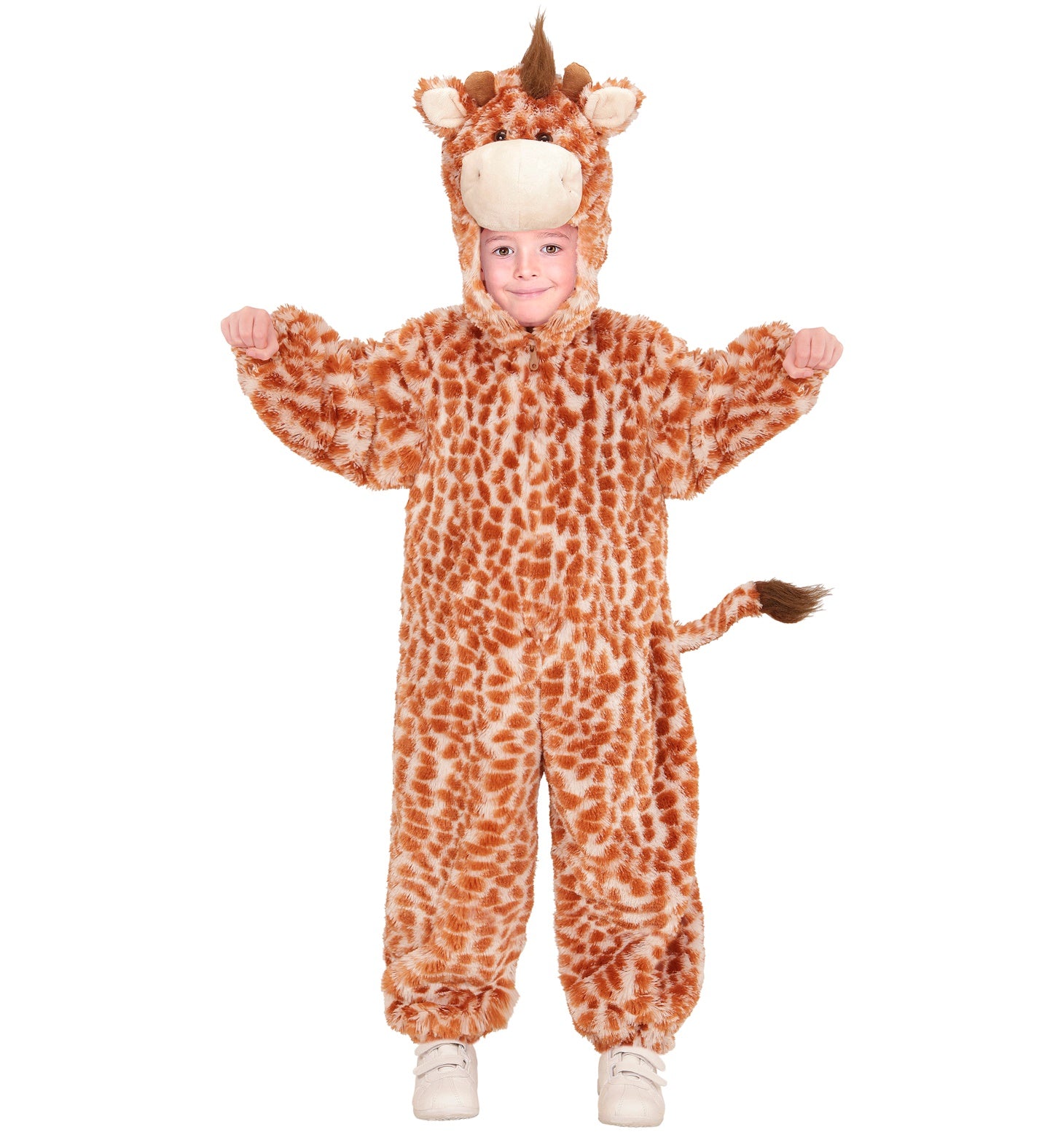 Kinderkostüm aus weichem Plüsch mit Kapuze, Giraffenmuster, Hörnern und Schwanz in Gelb-Braun.