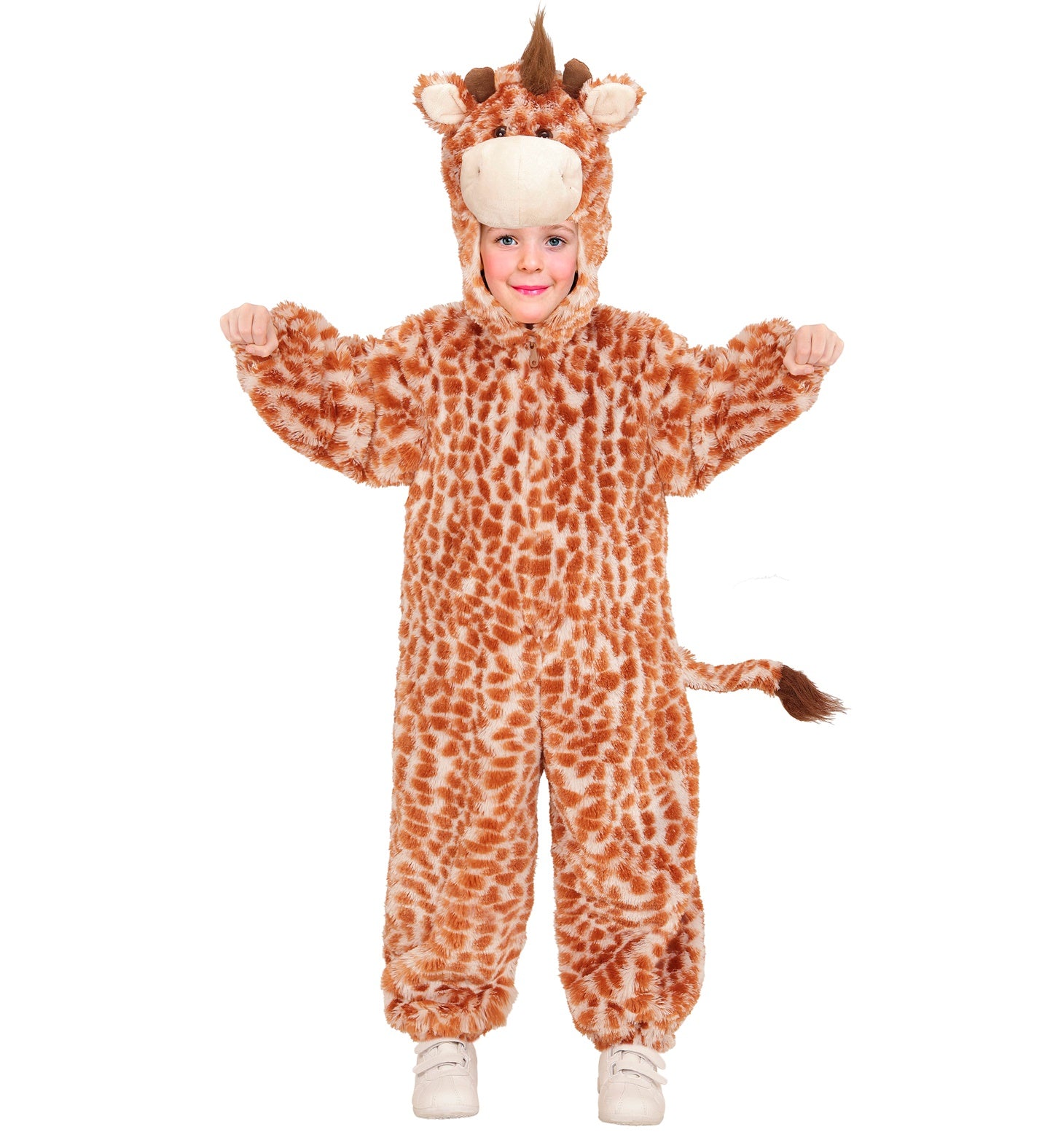 Kuschelweiches Giraffen-Kinderkostüm mit Kapuze, Hörnern und Schwanz-Applikation.