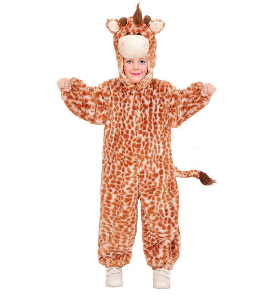 Kuschelweiches Giraffen-Kinderkostüm mit Kapuze, Hörnern und Schwanz-Applikation.