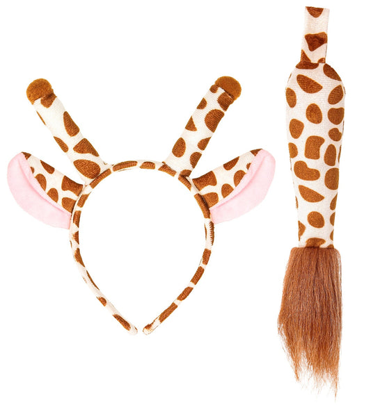 Giraffe costume set with plush ears headband and tail for adults.