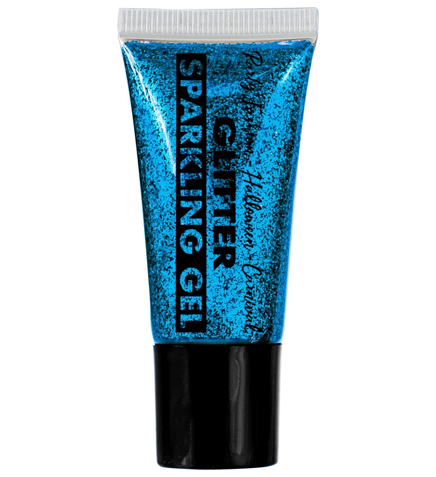 A blue tube of Widmann glitter gel with sparkling blue label and black cap.