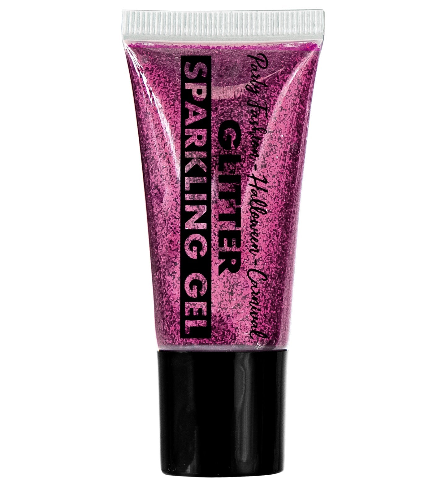 A 25ml tube of neon pink glitter gel with precision tip for nail art.