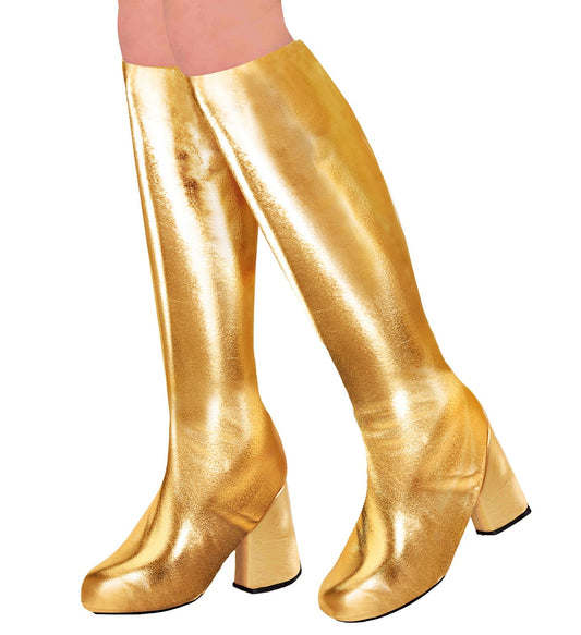 Goldene Stiefelstulpen aus metallic Strick für 70er Jahre Partys, dezent elastisch.