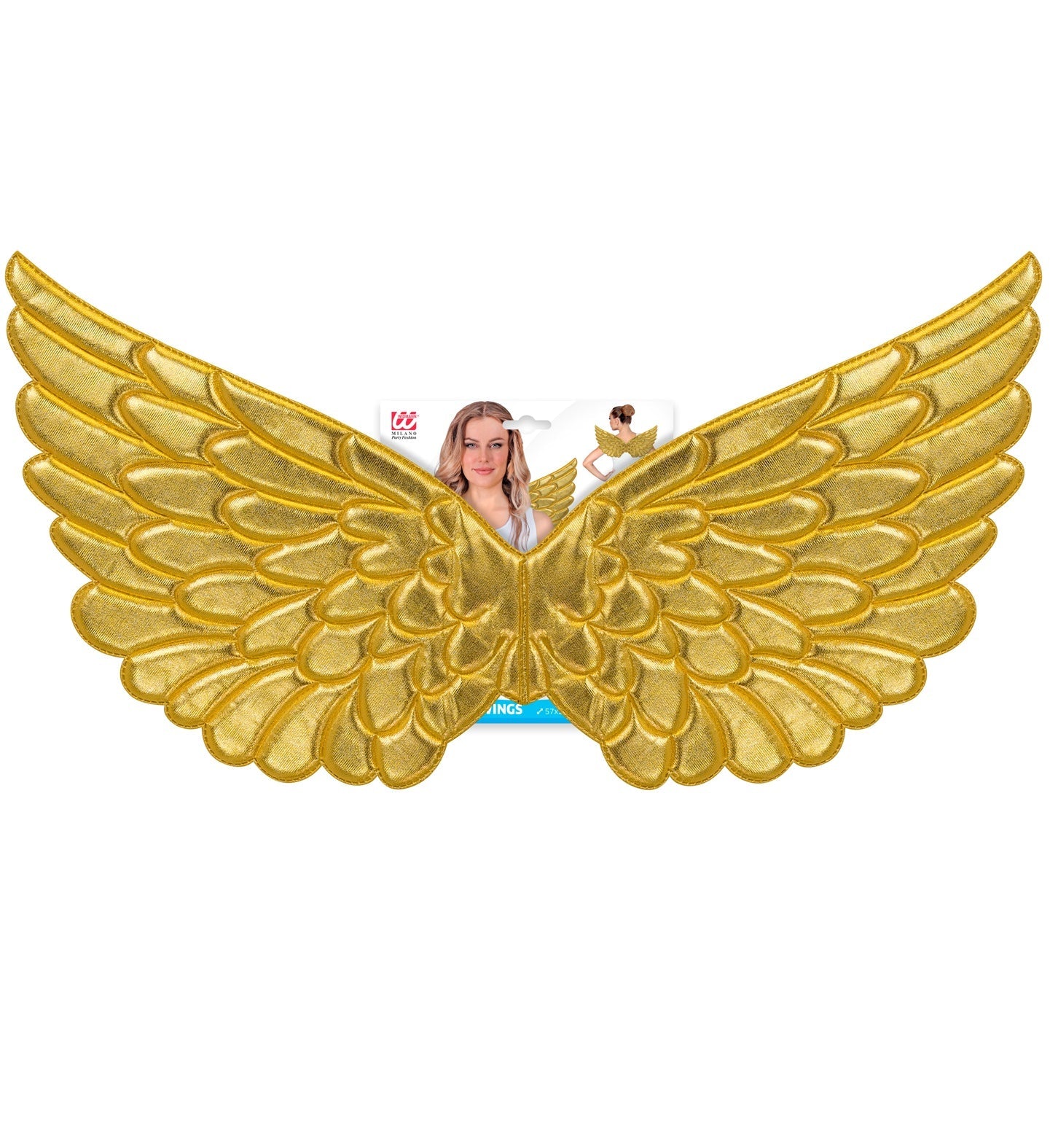 Goldene Engelsflügel aus Kunststoff für Erwachsene, 57x26 cm, mit verstellbaren, samtigen Trägern.