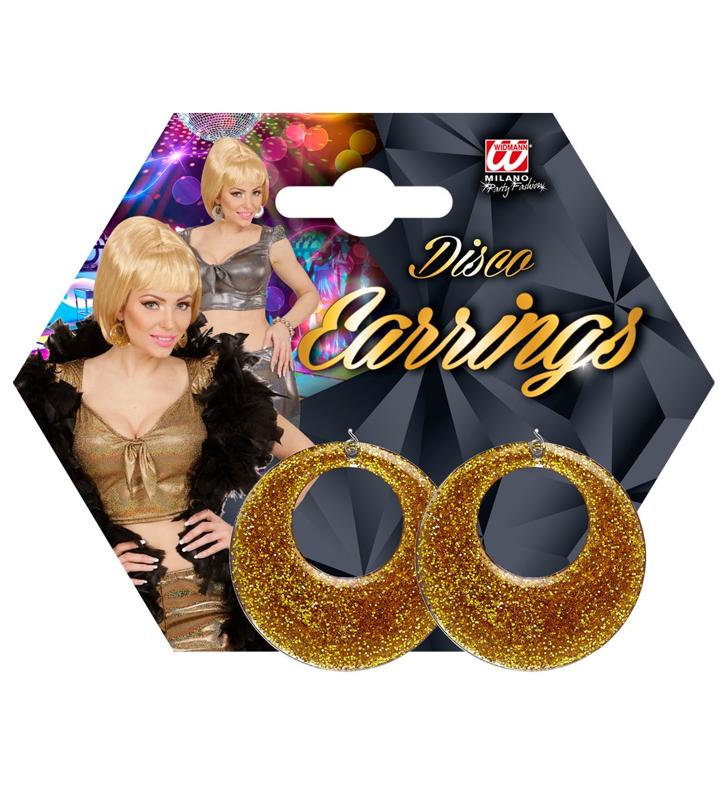 Gold glitter hoop earrings in 70s disco style, lightweight and nickel-free.