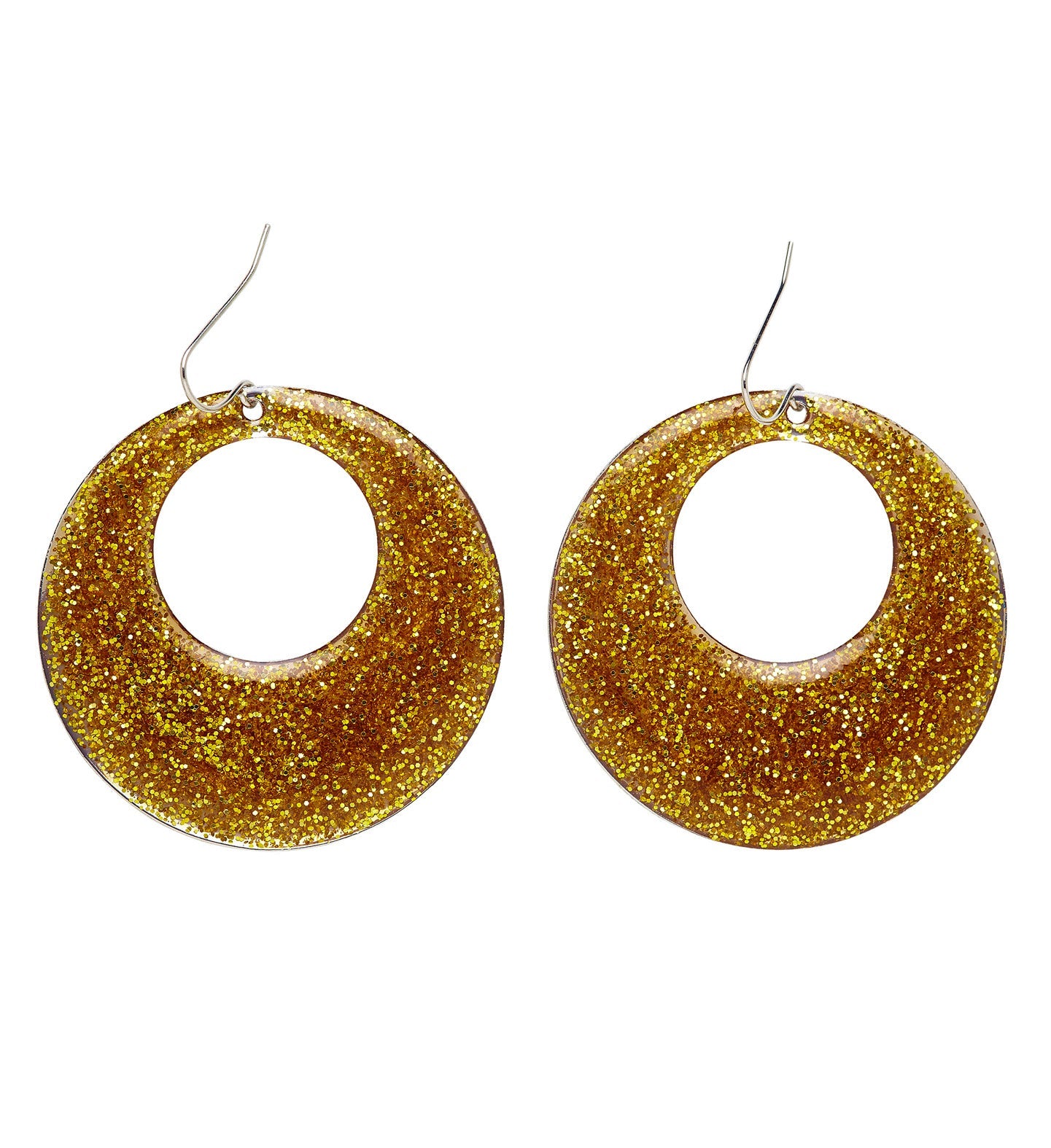 Pair of lightweight gold glitter hoop earrings with silver hooks, 70s disco style.