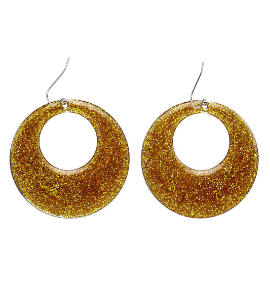 Pair of lightweight gold glitter hoop earrings with silver hooks, 70s disco style.