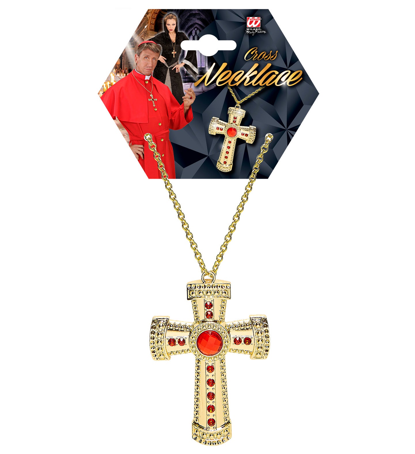 Gold cross necklace with gemstone pendant on 45cm chain, nickel-free.