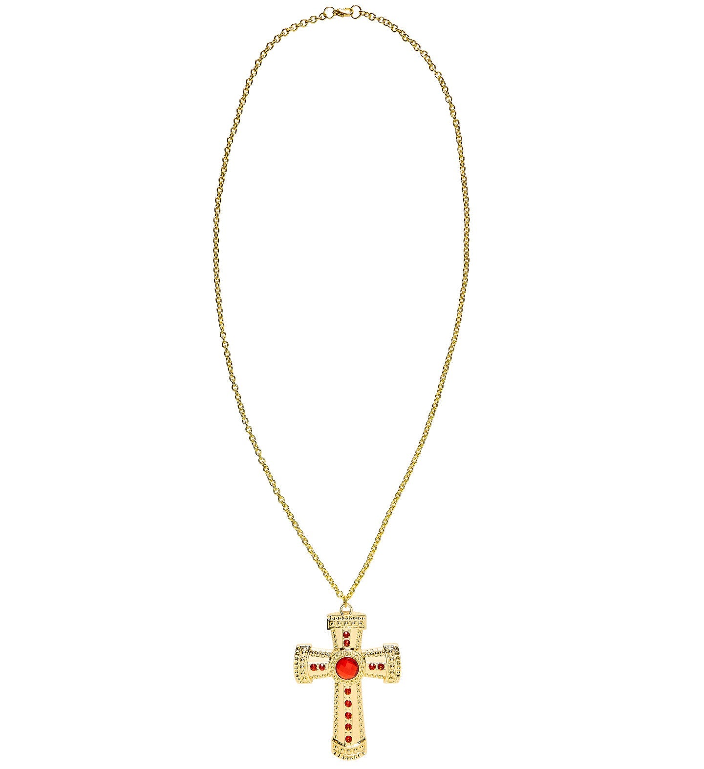 Goldene Kreuzkette mit roten Edelsteinen, 45 cm lang, nickelfrei.