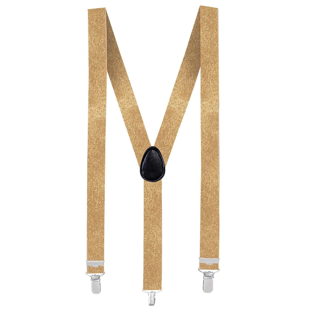 Goldene verstellbare Hosenträger mit Metallklammern für Herren vor weißem Hintergrund