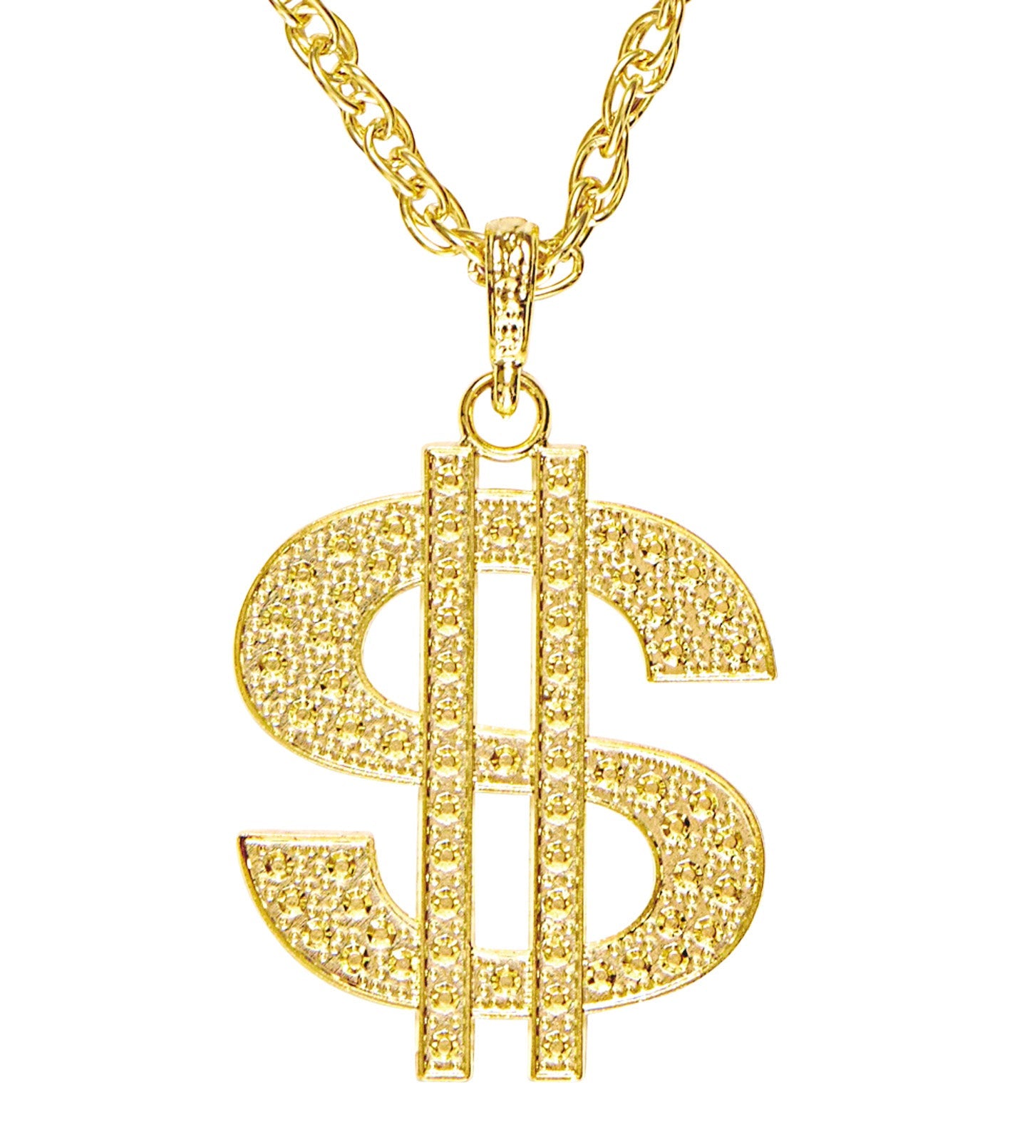 Gold dollar sign pendant on 45cm polished brass chain.