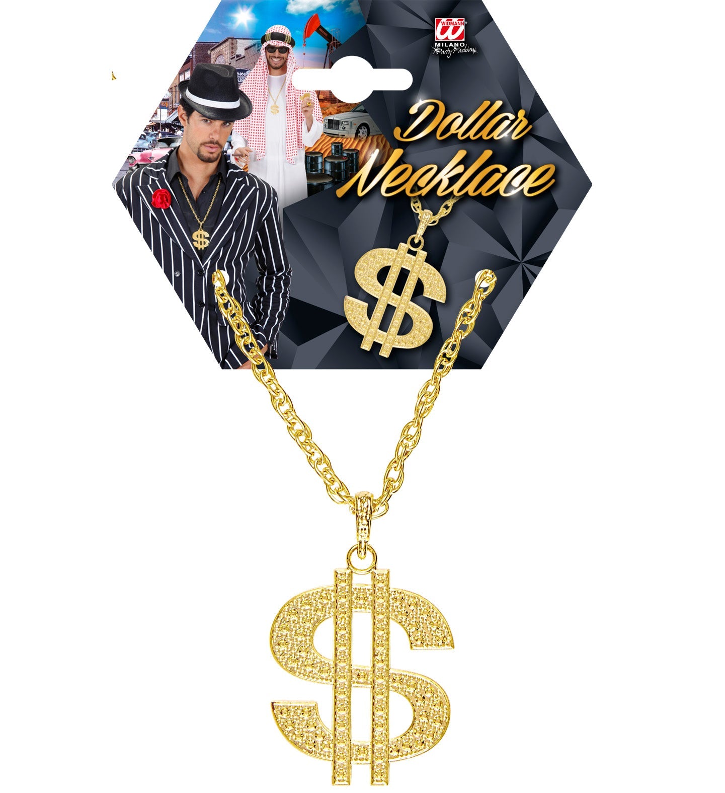 Gold dollar sign necklace with 45cm polished brass chain and pendant.