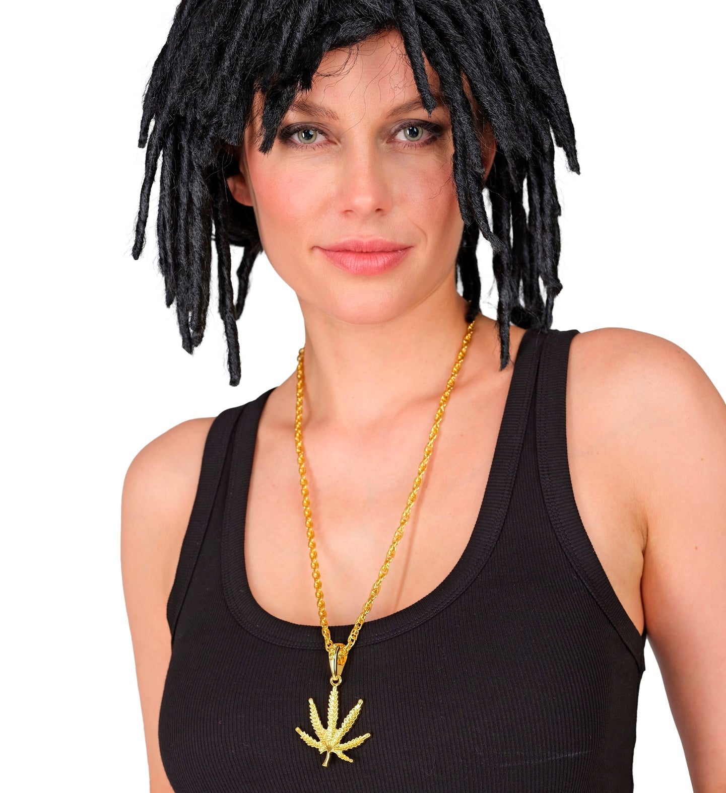 Goldene Halskette mit 65 cm Länge und 8 mm Hanfblatt-Anhänger aus Hochglanz-Metall