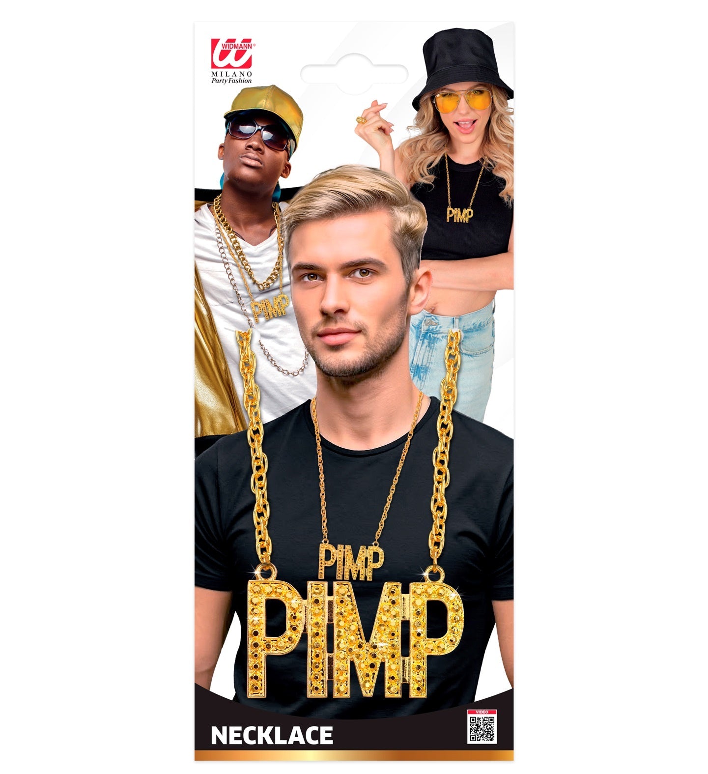 Goldene Kette mit PIMP Anhänger, 65 cm lang, glänzende Oberfläche und sicherer Verschluss.