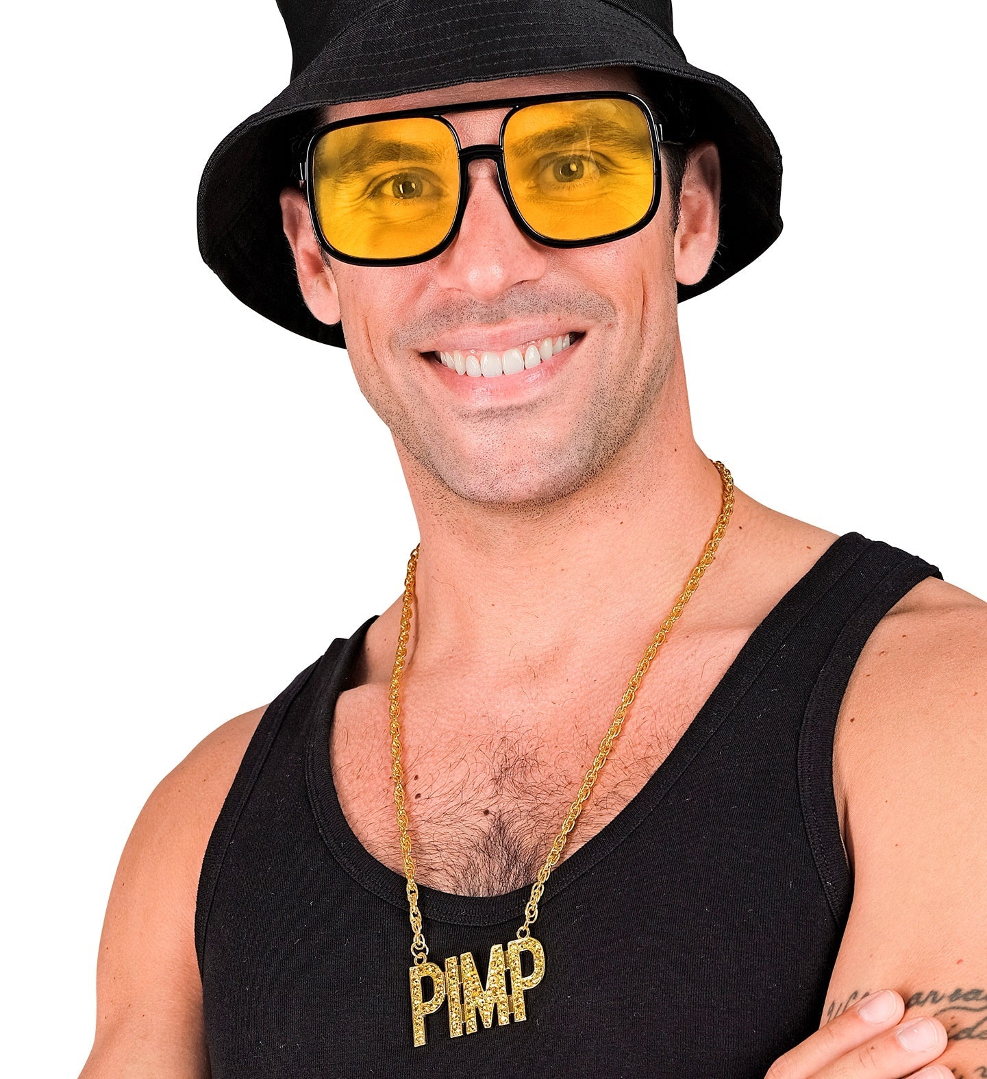 Goldene Kette mit PIMP Anhänger, 65 cm lang, glänzend und mit Karabinerverschluss