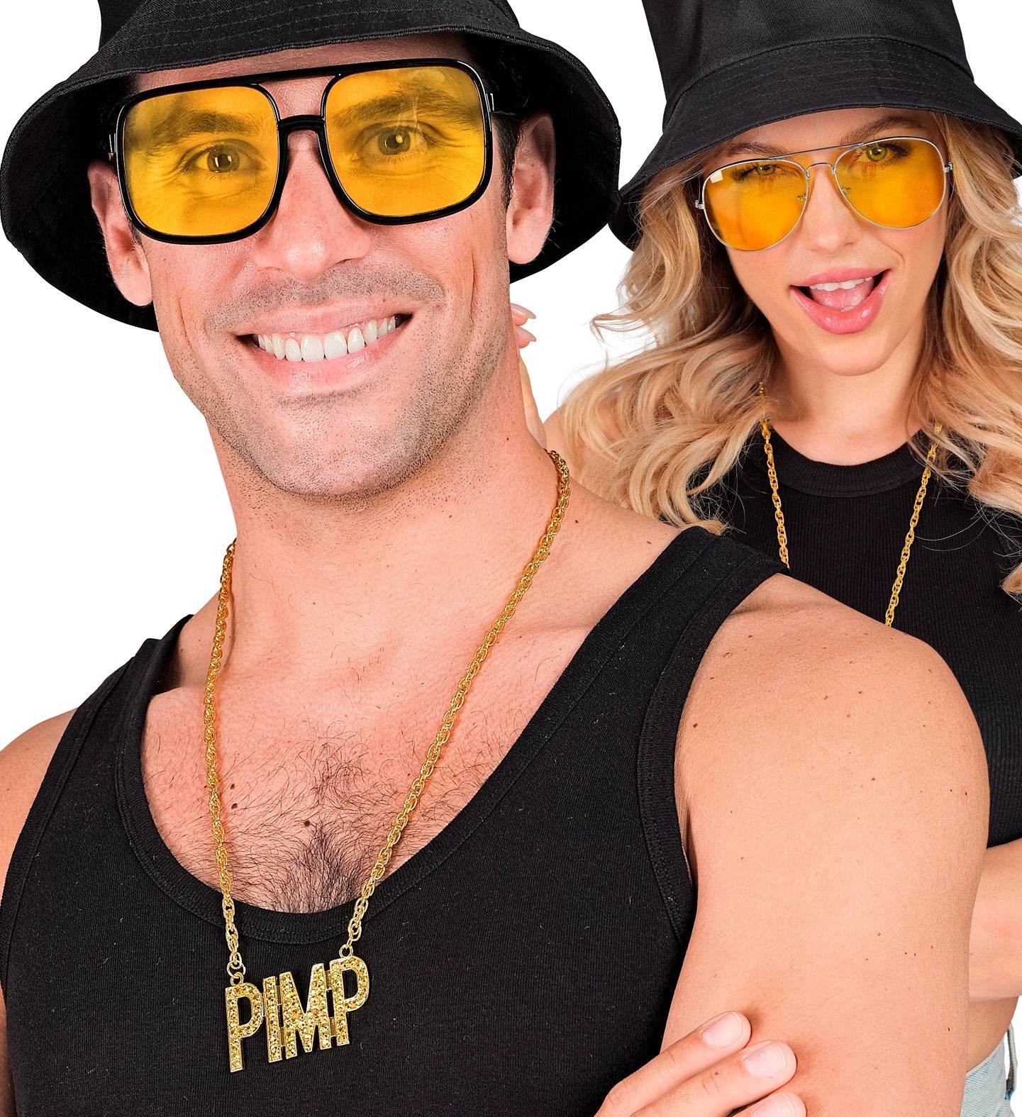 Goldene Kette mit PIMP Anhänger, 65 cm lang, glänzende Oberfläche und robuster Verschluss.