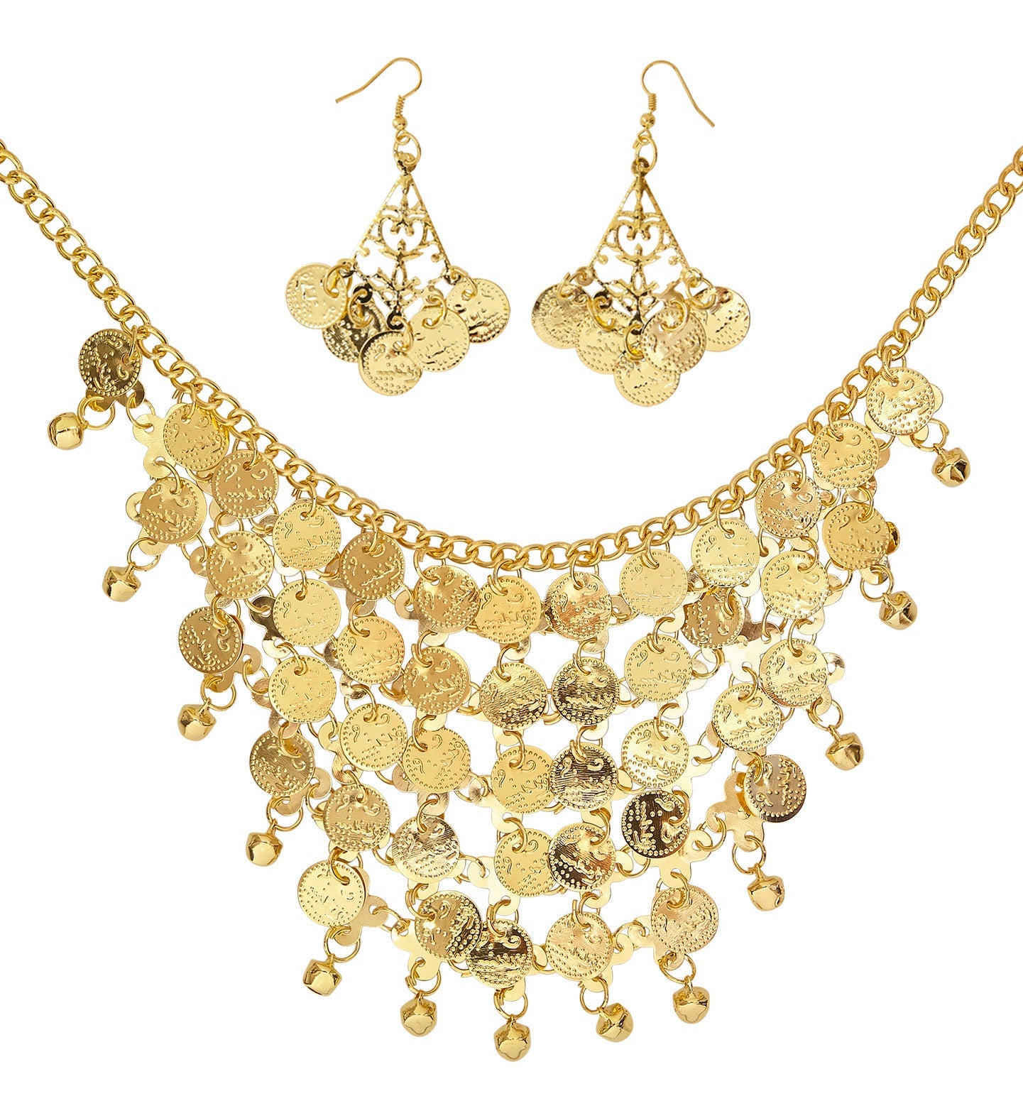 Goldmünzen Schmuck Set mit Ohrringen und Kette, filigran und elegant im 24K Finish.