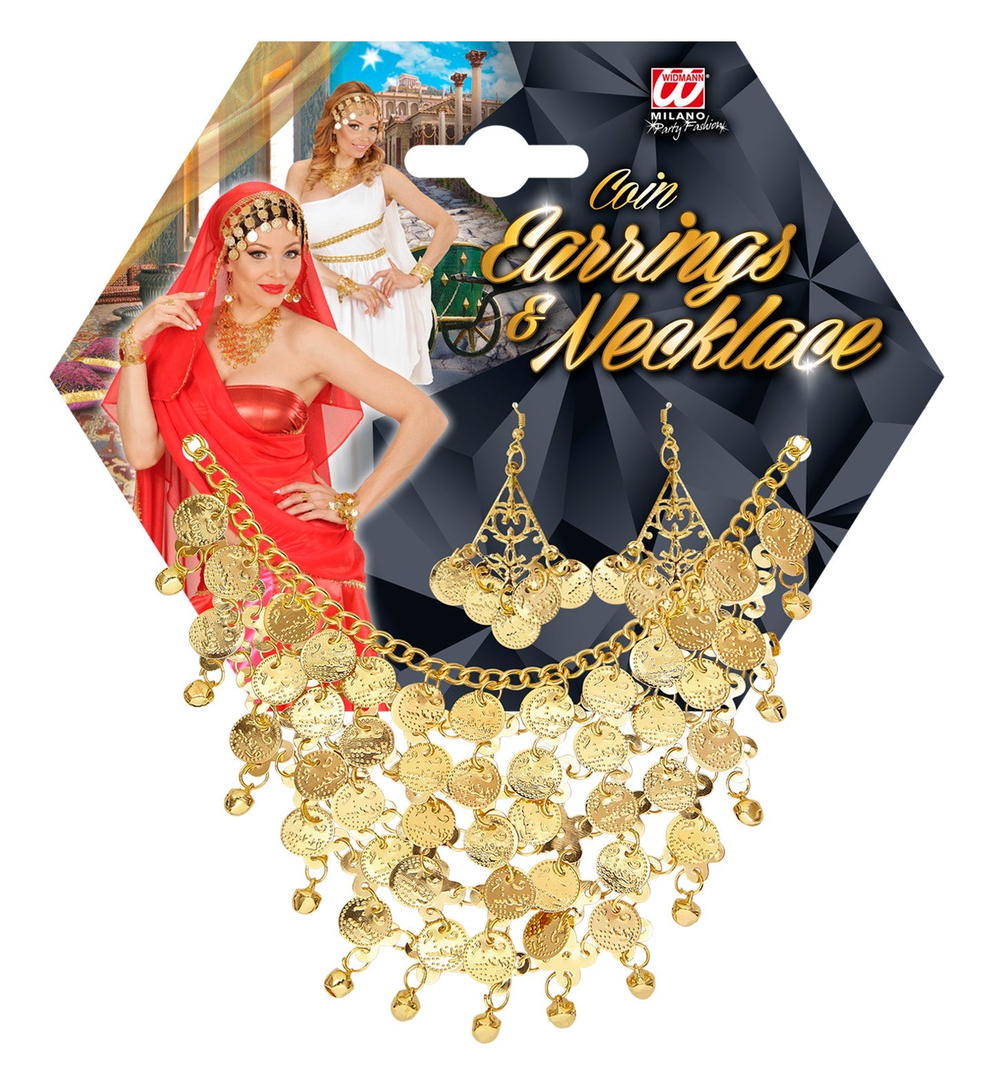 Goldmünzen Schmuck Set mit Ohrringen und Kette, filigran und elegant in 24K Finish.